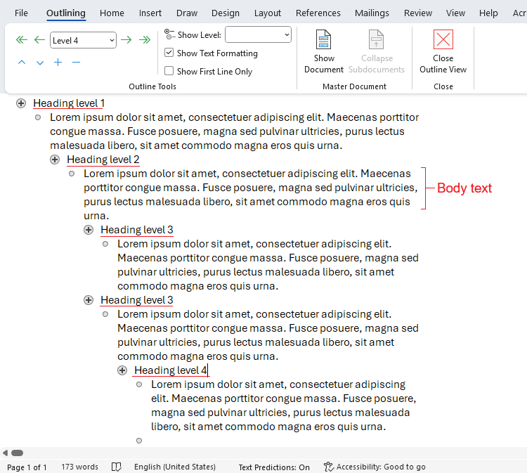 Outline view with heading levels 1-4